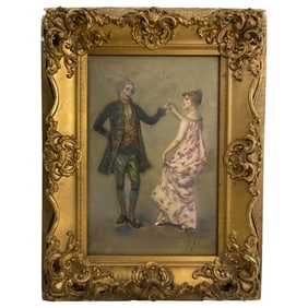 Antique Oil on Canvas Painting of Dancing Couple Signed Bottom Right