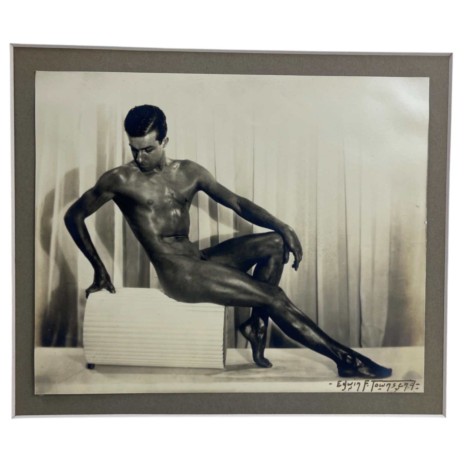 Edwin Townsend - Original Gay Erotic Nude Male Photograph of Signed Bottom Right: Edwin Townsend - Original Gay Erotic Nude Male Photograph of Signed Bottom Right. Mounted to board. Size of photo: 9" x 7.5".