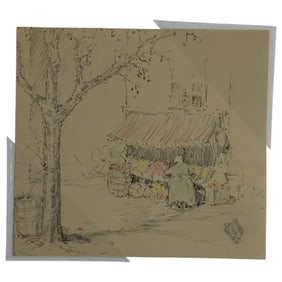 James Whistler (1834-1903) Signed Pencil Drawing of Street Scene Fruit Vendor