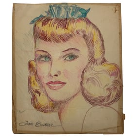 Joe Shuster Signed Pencil Drawing of Woman