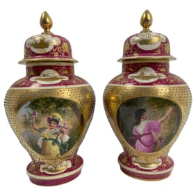 A Pair of Royal Vienna Gilded Porcelain Lidded Vases  Signed Hans Zatzka