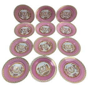 Set of 12 French Sevres Pink Ground Porcelain Painted Plates