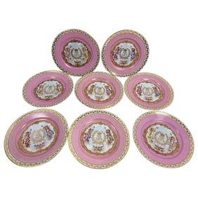Set of 8 French Sevres Pink Ground Porcelain Painted Plates