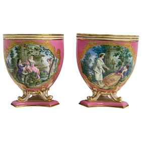PAIR OF COALPORT PORCELAIN 'JEWELED' PINK AND GOLD GROUND PAINTED