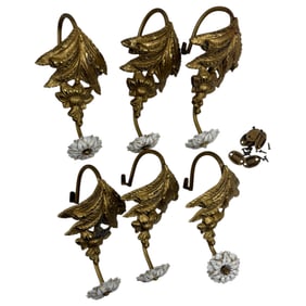Set of 6 Antique Brass Drapery Tie Porcelain Floral H 10"