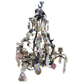 Antique French Brass And Porcelain Mounted five Light Chandelier