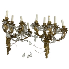 Pair Antique Gilt Bronze and Rock Crystal Five Light Wall Sconces Chandelier