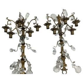 Pair Antique Gilt Bronze and Rock Crystal Five Light Wall Sconces Chandelier