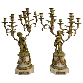 Pair Antique French Figural Bronze Candelabra Cherub