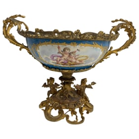 Antique French Sevres Gilt Bronze Mounted Porcelain Centerpiece Bowl