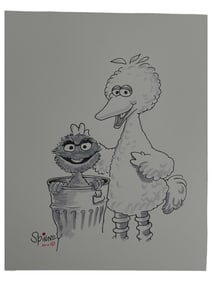 Caroll Spinney - Seasame Street Original Oscar the Grouch & Big Bird Signed & Dated Drawing