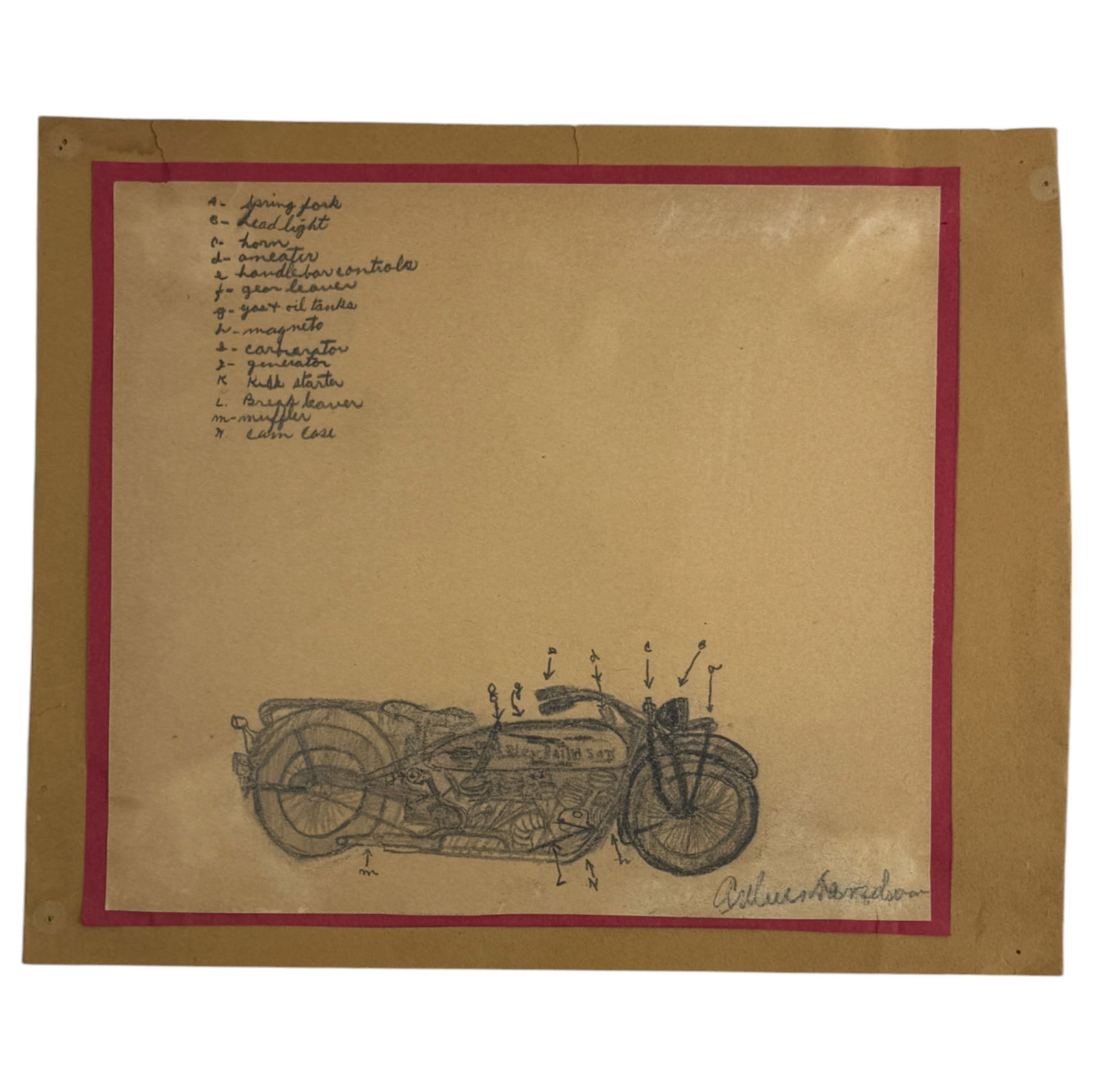 Vintage 1940's Motorcycle Harley Davidson Pencil Drawing Sketch: Vintage 1940's Motorcycle Harley Davidson Pencil Drawing Sketch. Size 11 x 9 inches