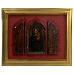 Antique Religious Icon Hand-Painted Altar Tryptic