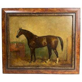 Antique Folk Art Horse Painting Oil on Canvas Signed Lower Right