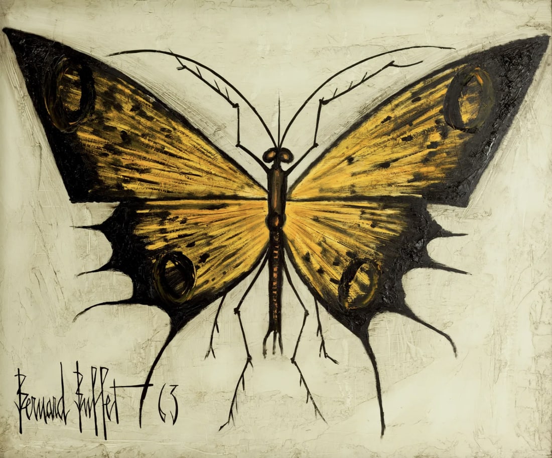 Bernard Buffet Oil on Board Signed and Dated 1963 Butterfly: Bernard Buffet Oil on Board Signed and Dated 1963. 24.5" x 21" in frame. Size of board is 24" x 20". Label on the back. Provenance: From the Tom & Christie Accatino Estate.This item is listed as attri