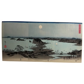 Utagawa Hiroshige (1797-1858) Edo Period Triptych Woodblock - Full Moon at Kanazawa, Province