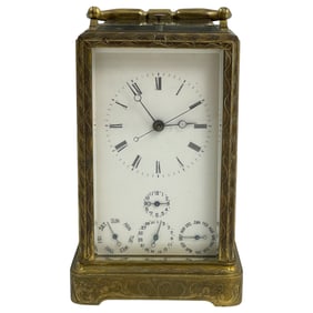 Antique 19th Century Japy Freres Engraved Gilt Calendar Alarm Carriage Clock c1860