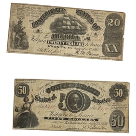 Confederate States of America 1861 Paper Currency $20 & $50 Bills