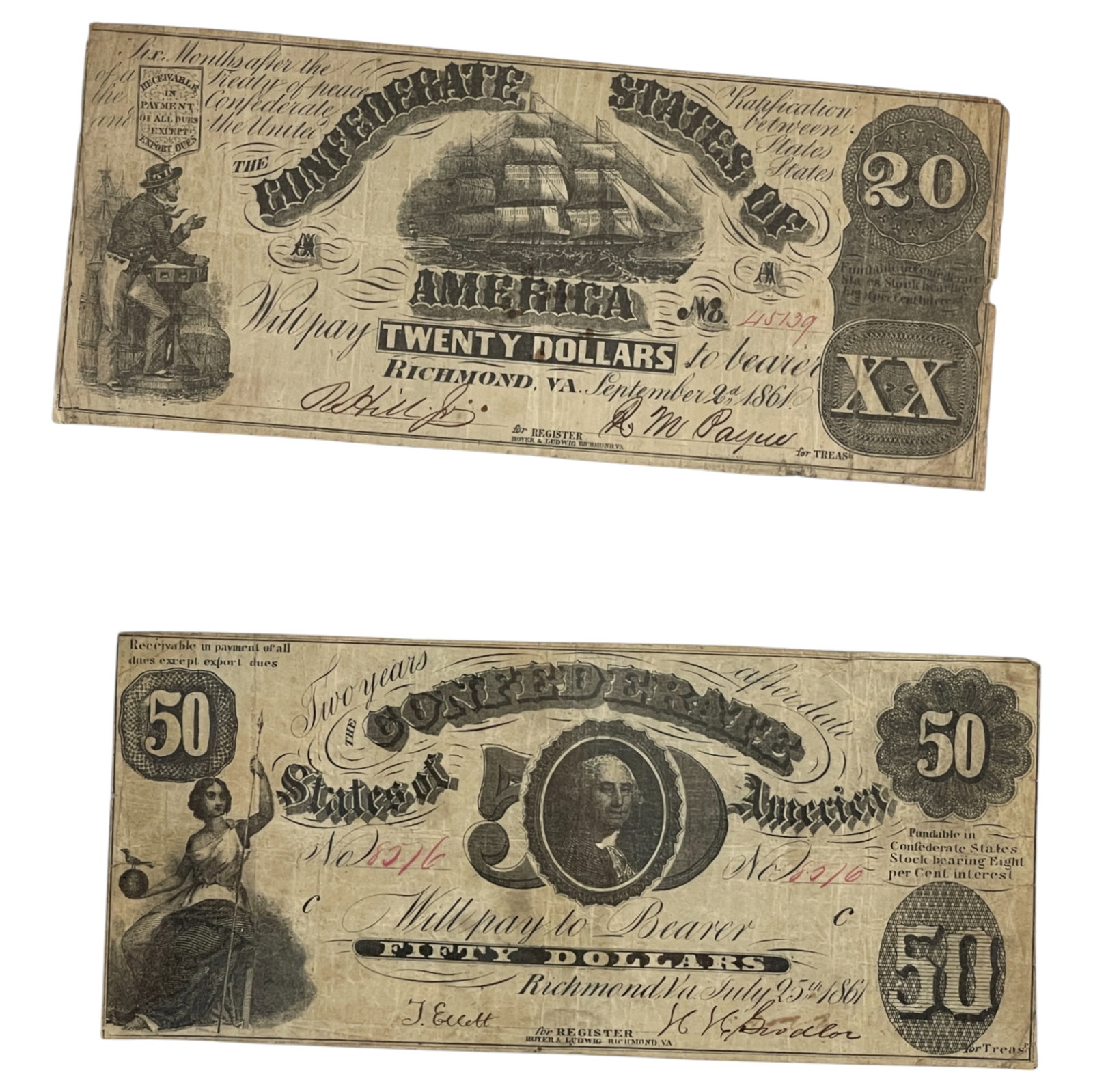 Confederate States of America 1861 Paper Currency $20 & $50 Bills (1 of 4)