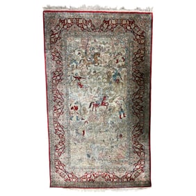 Oriental Hand-Knotted Silk Carpet with a Hunting Scene