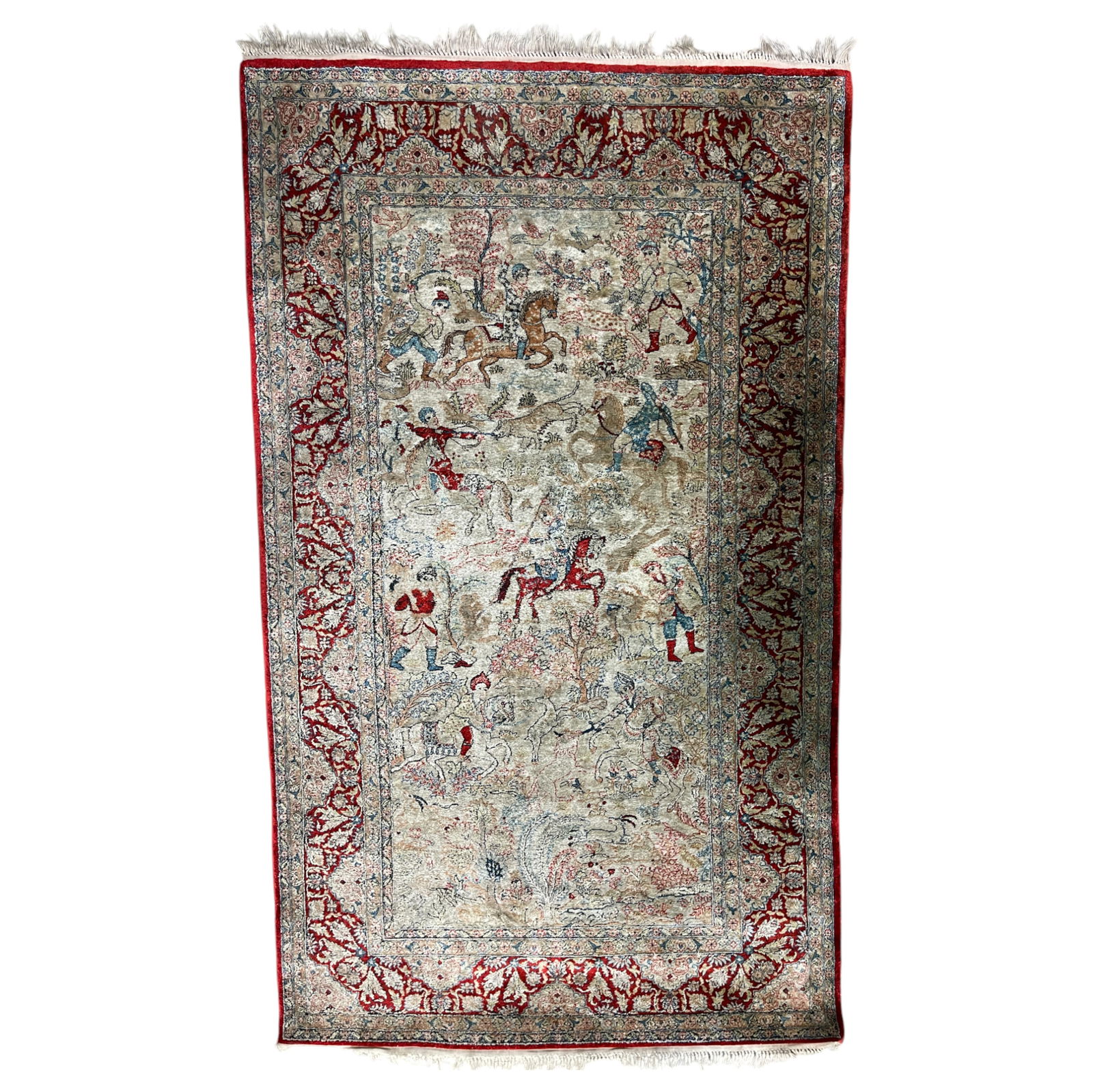 Oriental Hand-Knotted Silk Carpet with a Hunting Scene (1 of 7)