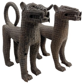 Antique African Benin Bronze Leopard Statue Pair