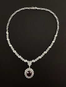 Vintage Diamond Ruby 18k White Gold Womens Necklace 29.6 Grams