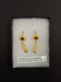 Ancient Roman Gold and Garnet Hercules Club High Karat Gold Earrings 2-400 AD