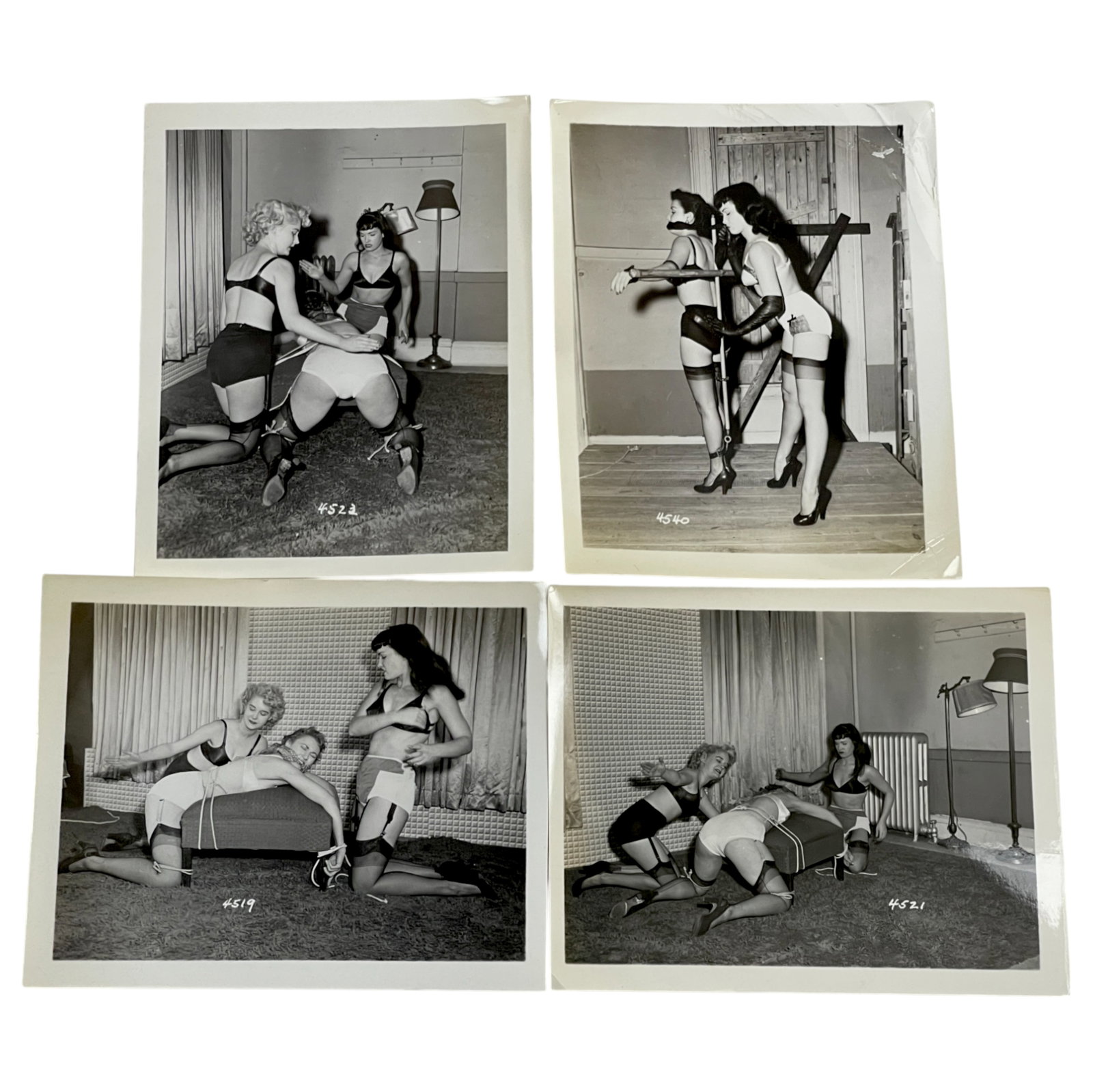 Bettie Page Pin-up Irving Klaw Vintage Rare B&W 1950s Bondage 4x5 Photograph Collection: Bettie Page Irving Klaw Vintage Rare B&W 1950s Bondage 4x5 Photograph Collection Lot of 4 private collection of original materials produced and distributed by London Enterprises Ltd., one of the most 