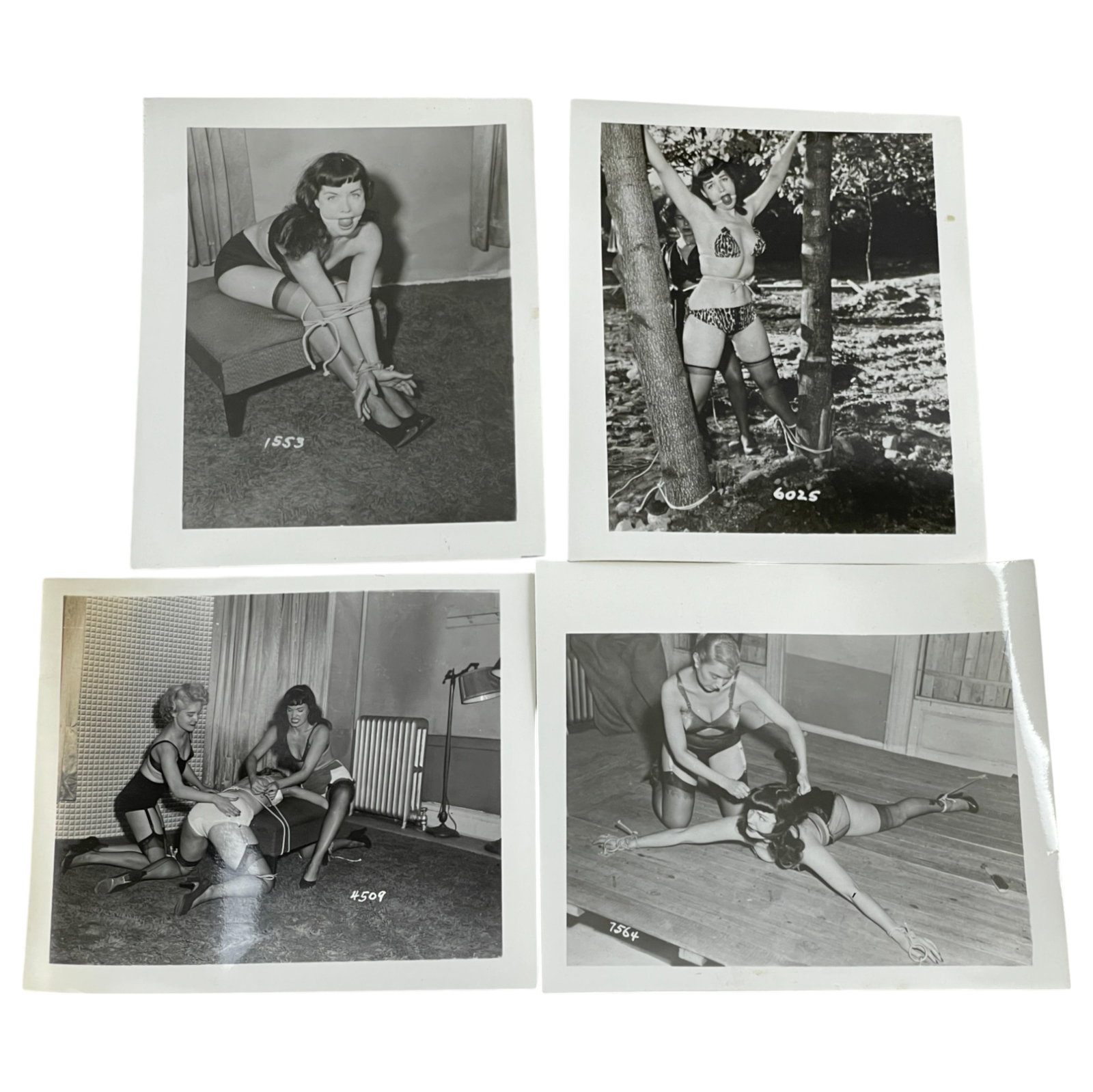 Bettie Page Irving Klaw Vintage Rare B&W 1950s Bondage 4x5 Pin-up Photograph Collection: Bettie Page Irving Klaw Vintage Rare B&W 1950s Bondage 4x5 Photograph Collection Lot of 4. private collection of original materials produced and distributed by London Enterprises Ltd., one of the most