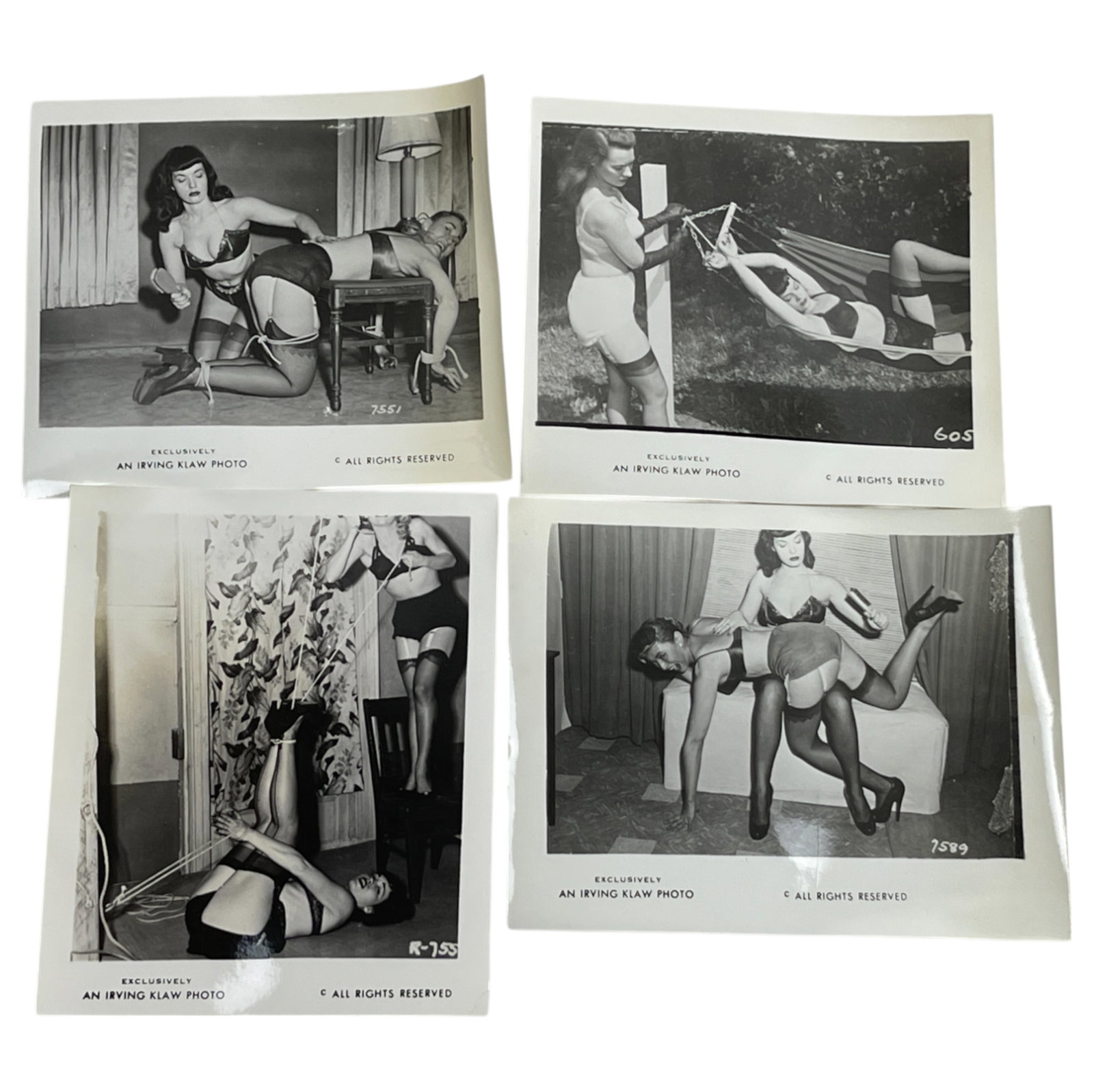 Bettie Page Irving Klaw Vintage Rare B&W 1950s Bondage 4x5 Pin-up Photograph Collection: Bettie Page Irving Klaw Vintage Rare B&W 1950s Bondage 4x5 Photograph Collection Lot of 4. private collection of original materials produced and distributed by London Enterprises Ltd., one of the most