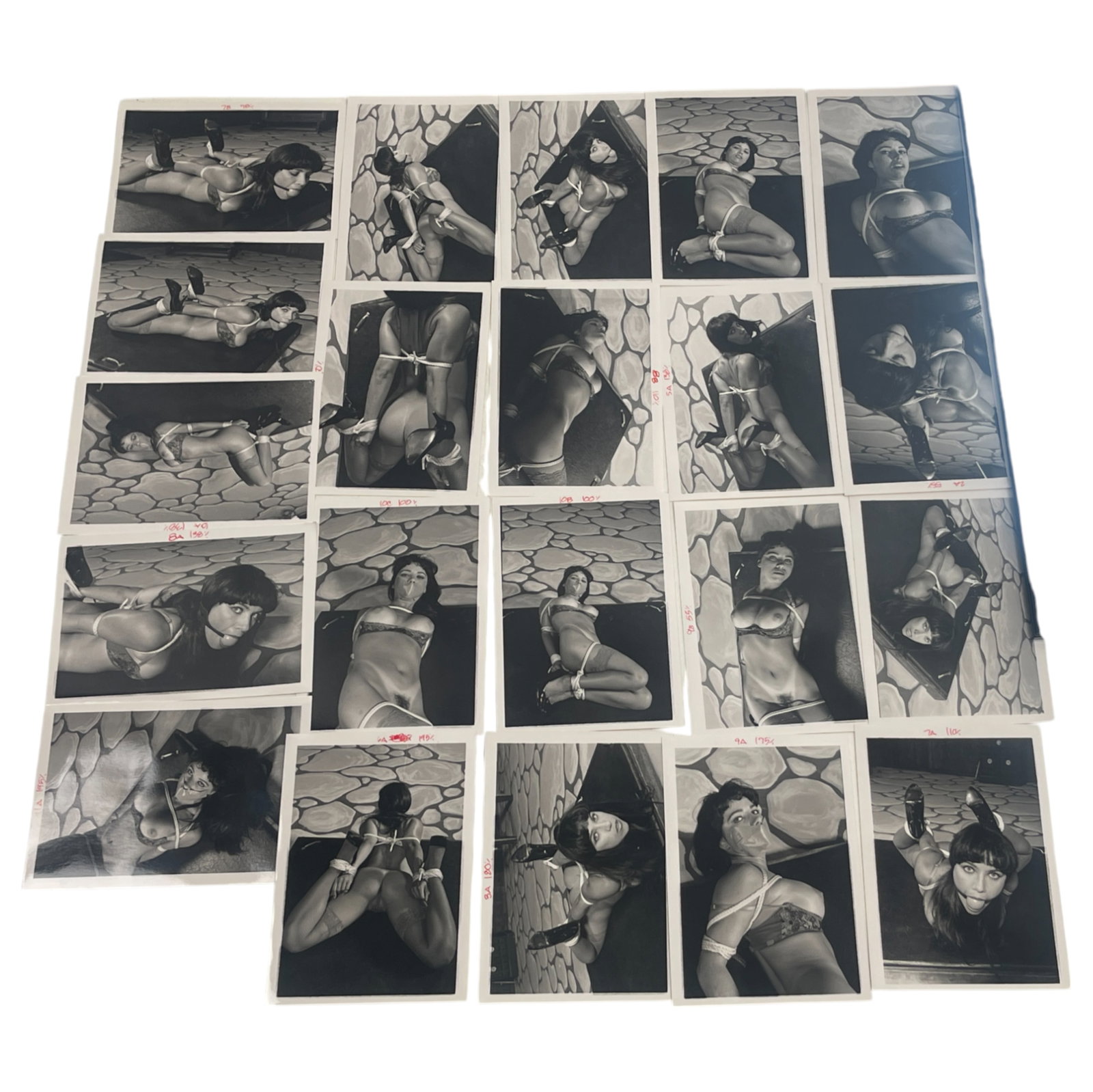 Vintage Erotic Bondage Negatives & Photos – Magazine Production Lot: Original vintage color negatives and photographs featuring model in a nude bondage-themed photoshoot for an erotic magazine production. Includes (21) 7" x 5" original color photographs and multiple 3"