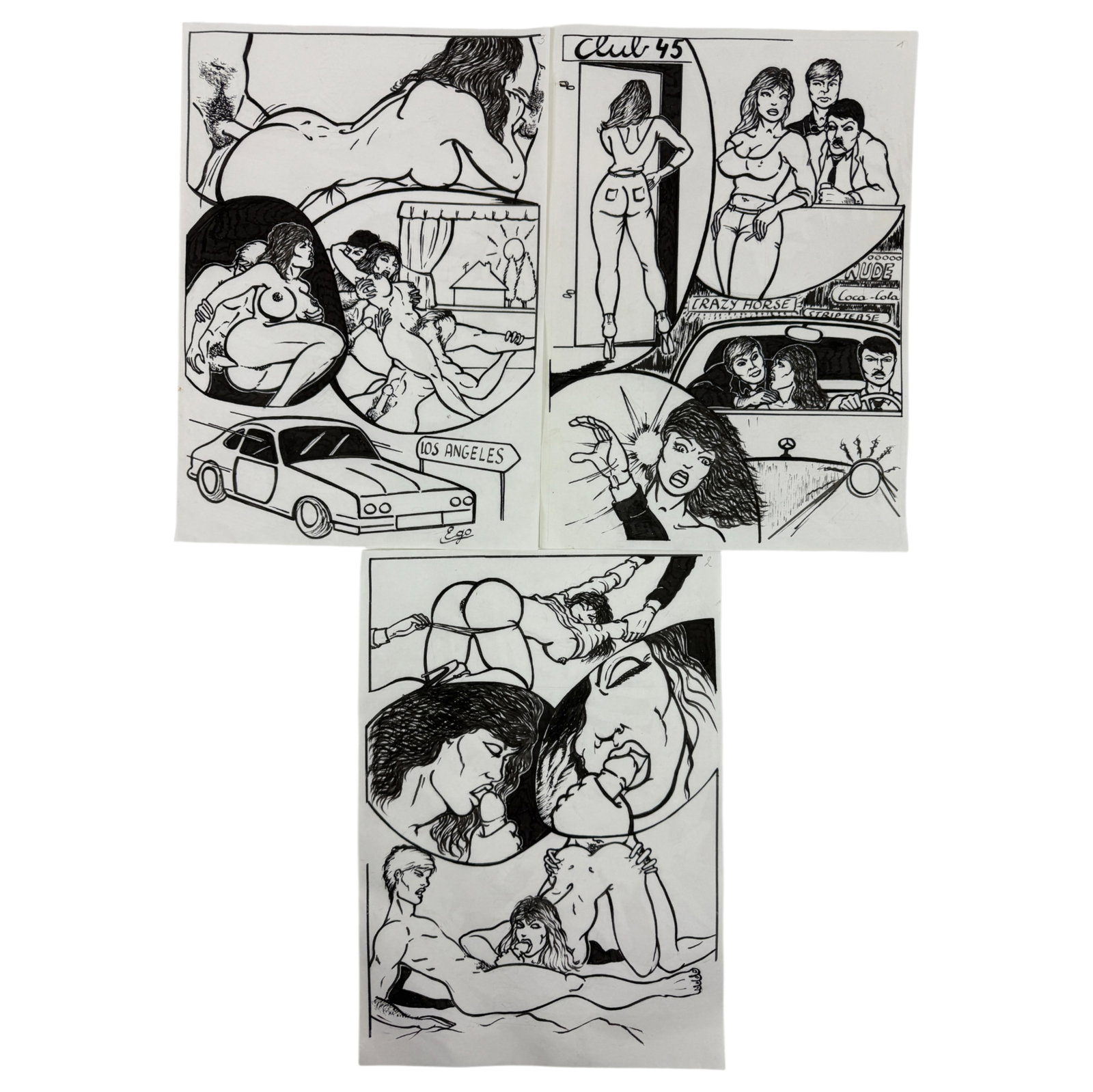 Vintage Erotic Nude Bondage Fetish Cartoon Ink Hand Drawing For Magazine Production Lot Signed Ego: Vintage Erotic Nude Bondage Fetish Cartoon Ink Hand Drawing For Magazine Production Lot Signed Ego
