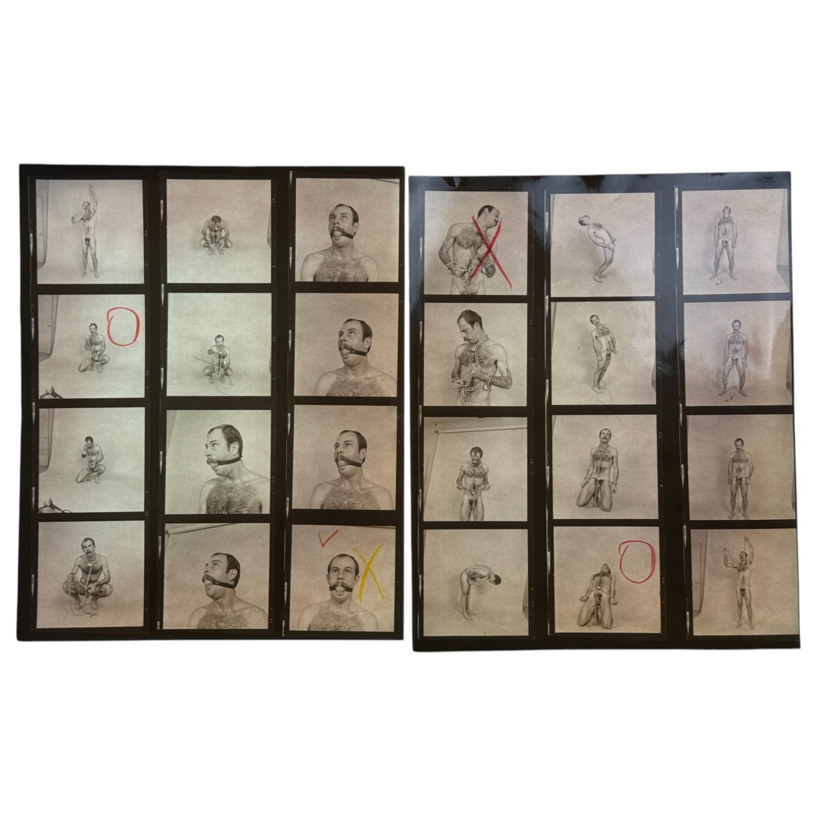 Vintage Burlesque Fetish Male Model Contact Sheet with Original Negatives – 8" x 10" – Burlesque: Offered here is a rare vintage contact sheet featuring a male fetish model, originally produced for Burlesque Magazine. This 8" x 10" black-and-white sheet includes the original negatives, showcasing 