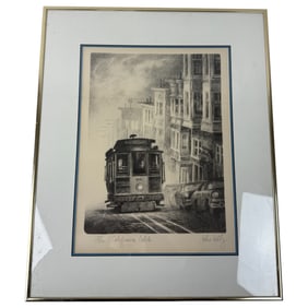 VINTAGE FRAMED LITHOGRAPH SAN FRANCISCO CABLE CARD SIGNED JOHN KELLY 109/200 STAMPED WITH FRAME 18"