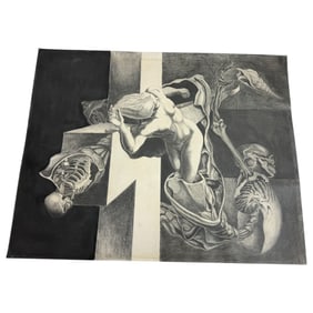 Salvadore Dali inspired print of woman on a cross with skeletons