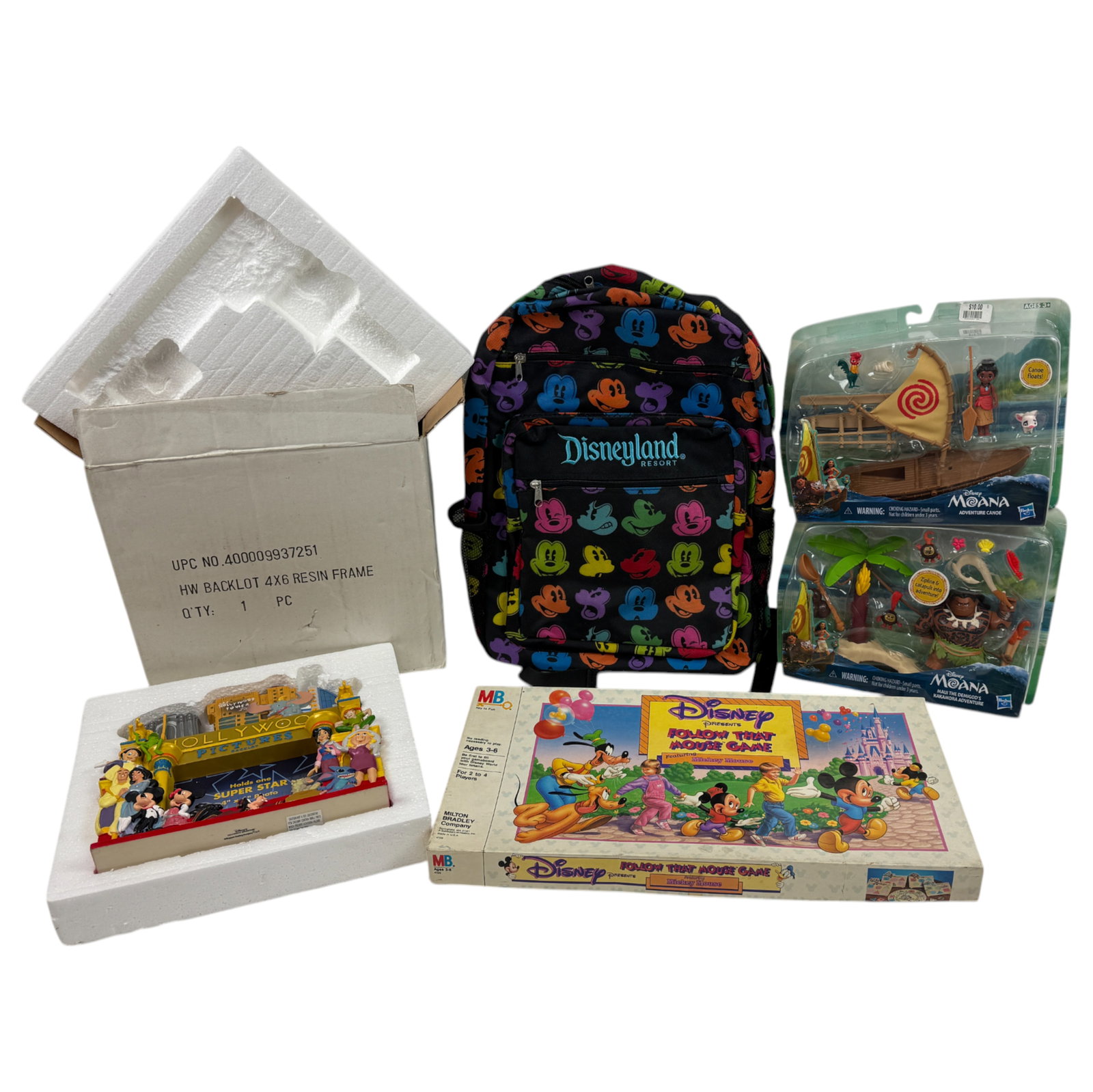 Disney Toys Lot Moana: includes Moana island adventure canoe and adventure maui, Disney Parks Florida Backpack, and disney presents Follow That Mouse milton bradley 1986 made in the U.S, 4"x6" california adventure hollywood