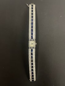 TIFFANY & Co 18k White Gold 4 karat Sapphire 3 karat Diamong Watch Art Deco