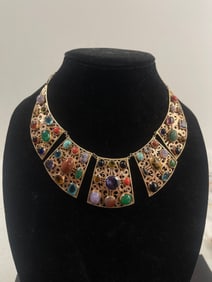 Vintage 14k Gold Multi Gem Stone Large Collar Necklace