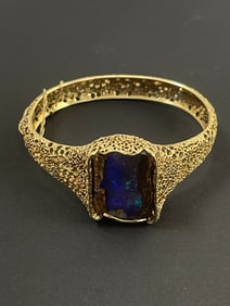 Vintage 14k Gold Natural Opal Mid Century Cuff Bracelet
