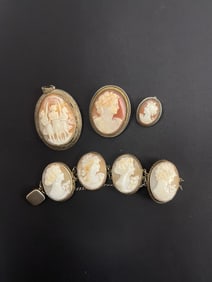 Antique Victorian Sterling Silver Carved Cameo Brooch Pendant Bracelet