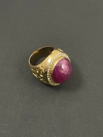 Vintage Diamond Large Cabochon Ruby 14k Gold Ring 22.60 Grams