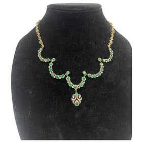 Antique 19th Century Gold 13 karat Emerald Diamond Necklace weight 38.66 grams