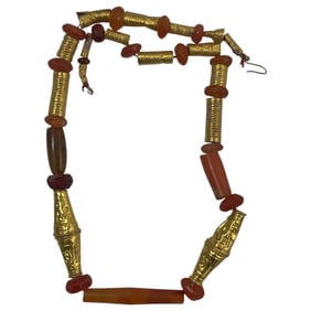 Ancient High Karat Gold Carved Carnelian Bead Necklace Jewelry