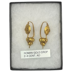Ancient High Karat Gold Drop Earring Pair Jewelry 2-4 th century