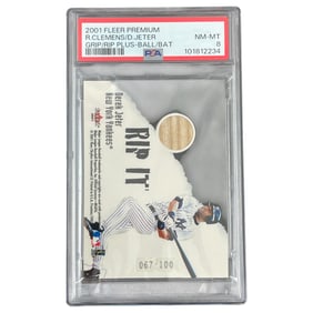 2001 FLEER PREMIUM GRIP IT & RIP IT 67/100 R.CLEMENS/D.JETER GRIP/RIP PLUS-BALL/BAT PSA 8