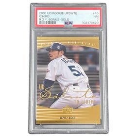 2001 Upper Deck Ichiro Suzuki Rookie Update 75/100 ROY Bonus-Gold PSA 7 Baseball Card