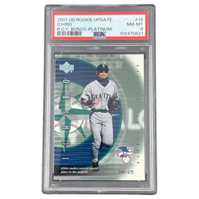 2001 Upper Deck Ichiro Suzuki Rookie Update 09/25 ROY Bonus-Platinum PSA 8 Baseball Card