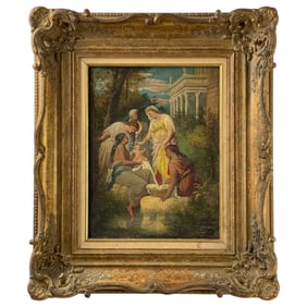 Antique Oil Painting on Canvas – Classical Scene of Nymphs, 19th Century