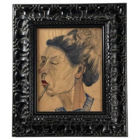 Watercolor Portrait of Woman Smoking Signed & Dated 1913 Bottom Right Egon Schiele